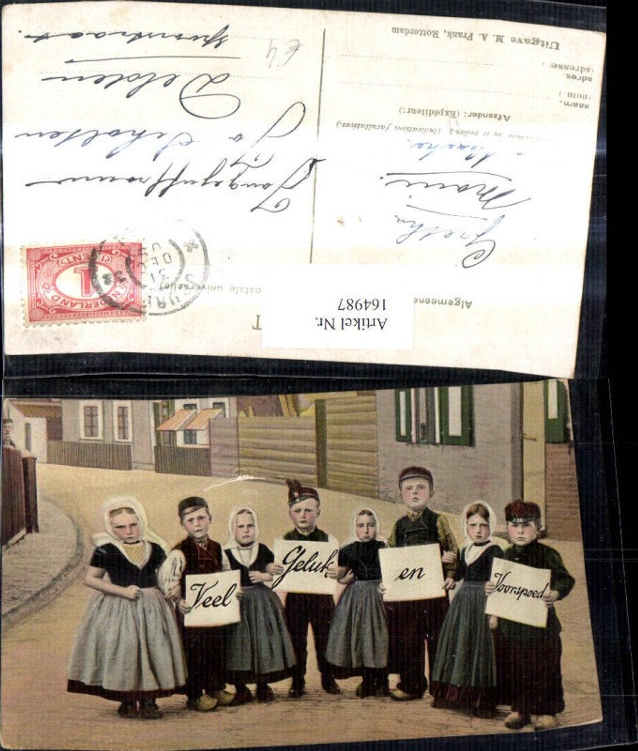 164987,Kinder Tracht a. Strasse Schilder Veel Geluk en Voorspoed