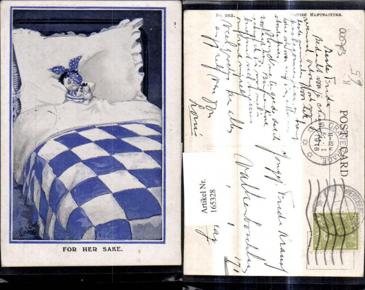 165328,Künstler Ak T. Gilson Krankes Kind i. Bett Bild i. Hand For her Sake