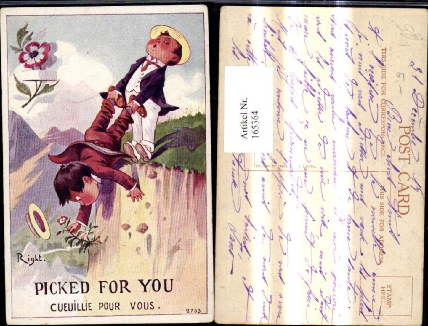 165364,Künstler Ak Right Bub plückt kopfüber v. Bub gehalten Blume Picked for you