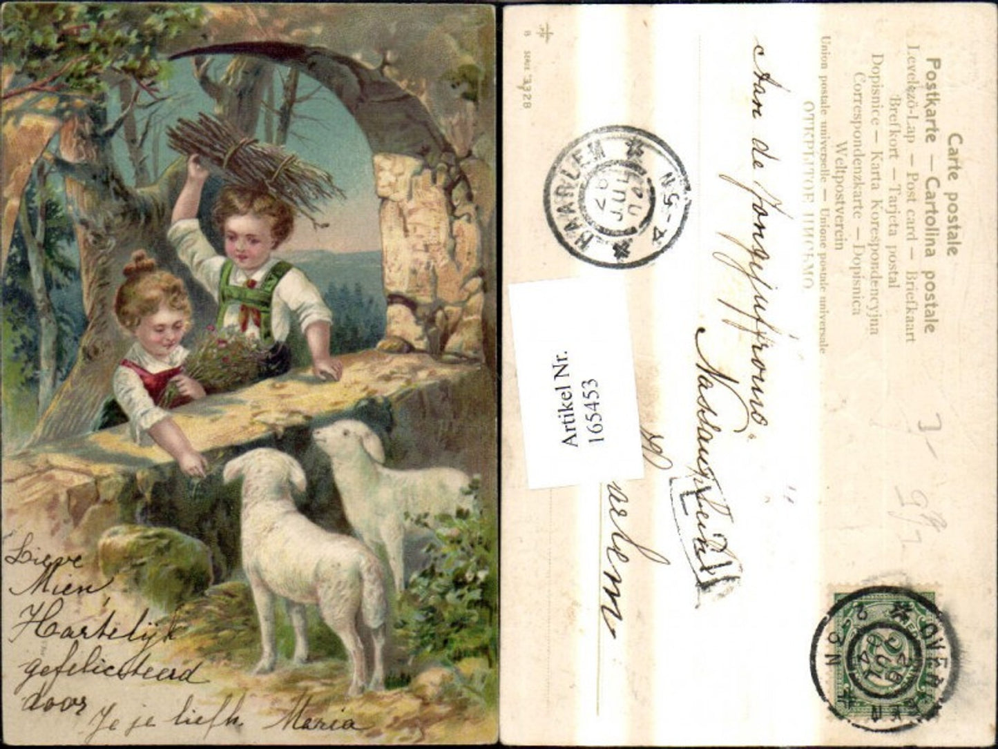 165453,Präge Litho Kinder m. Blumen Reisigbündel Schafe Lämmer