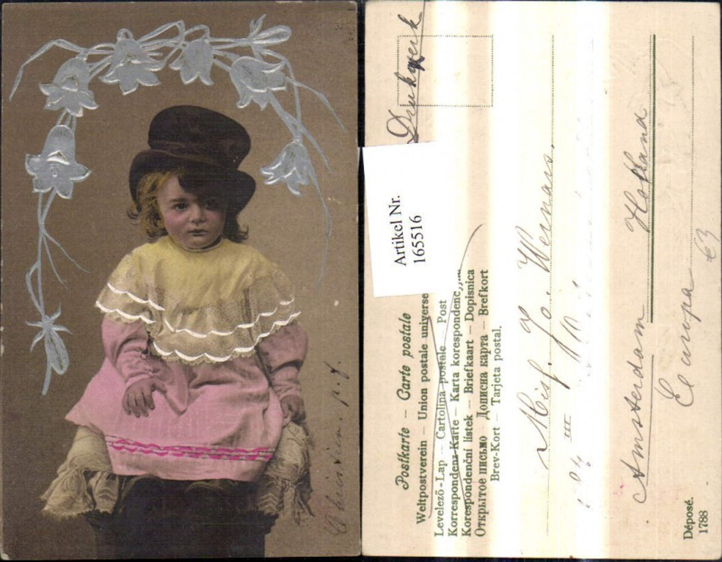 165516,Präge Ak Kind Mädchen m. Hut Zylinder Ornament Ranke Blumen