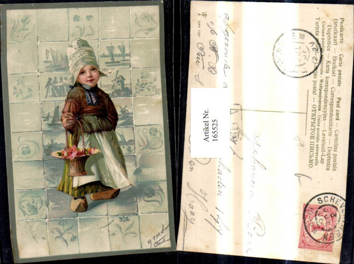 165525,Präge Litho Mädchen i. Holländischer Volkstyp Haube Holzschuhe Blumenkorb