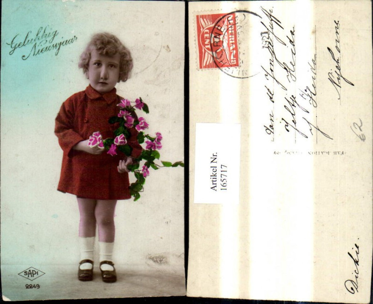 165717, Girl in red coat with flowers Happy New Year