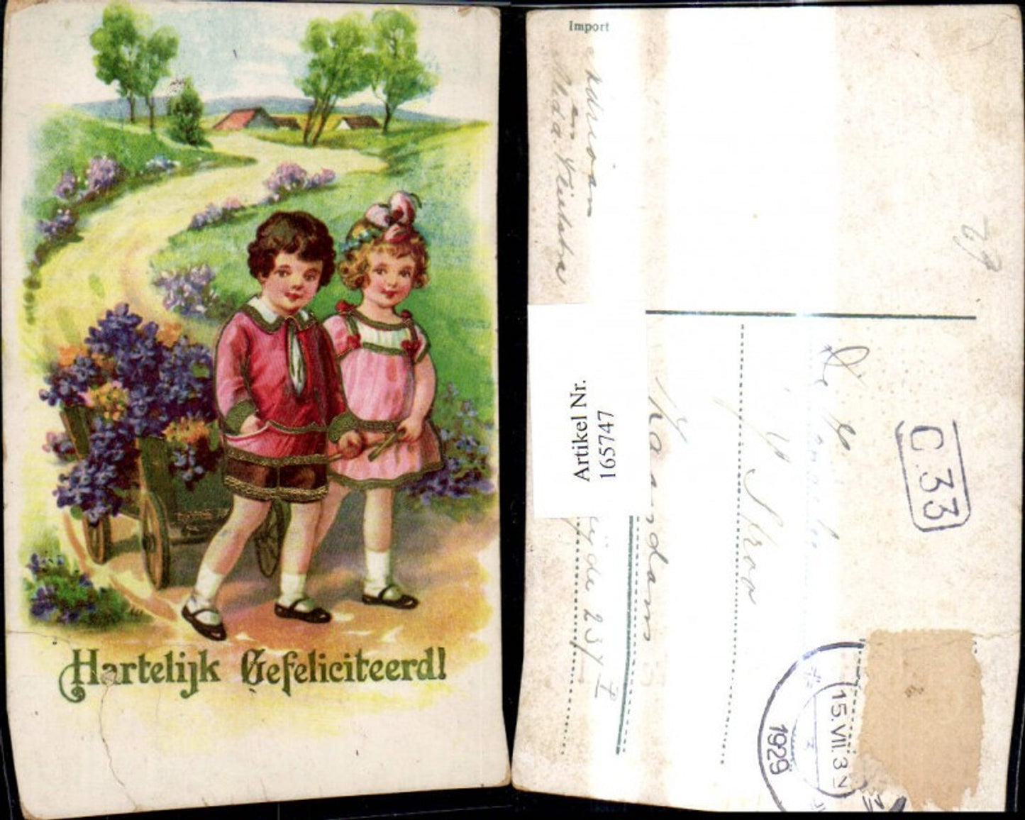165747, Artist Ak Children with handcart with flowers Gold decoration Hartelijk Gefeliciteerd