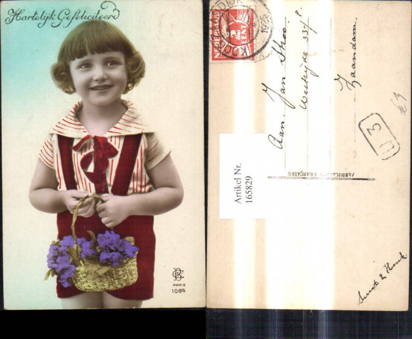 165829,Girl with flower basket basket flowers Hartelijk Gefeliciteerd