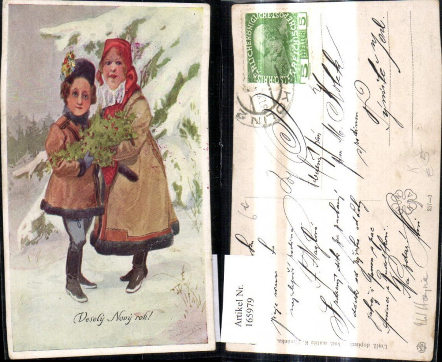 165979,Künstler Ak K. Simunka Kinder i. Winterwald Mäntel Pelzkragen m. Strauß Zweige Vesely Novy rok