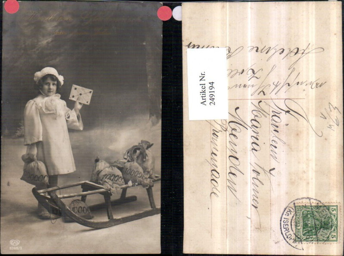 249194, Christmas girl with coat, bonnet, money bags, sled, letter, pub EAS 3765/3