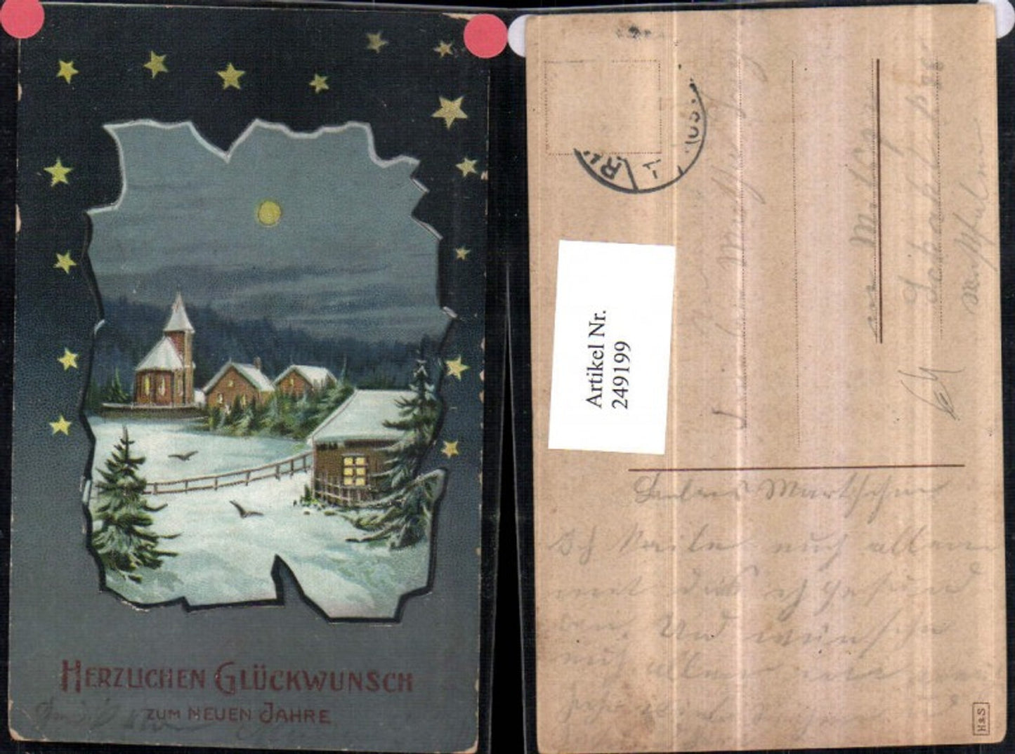 249199, Christmas Winter Landscape Village Church Moonlight Passepartout Stars