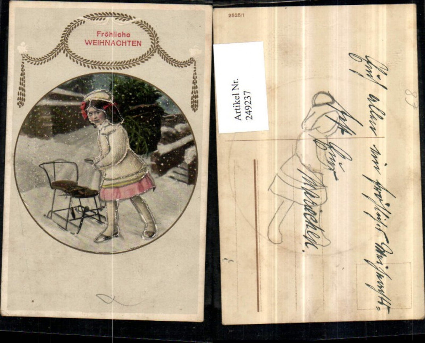 249237, embossed postcard of a Christmas girl with a sled and toboggan