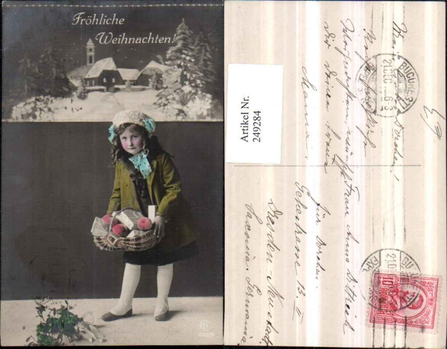249284, Christmas girl with bonnet, basket, gifts, apples, photomontage, winter landscape