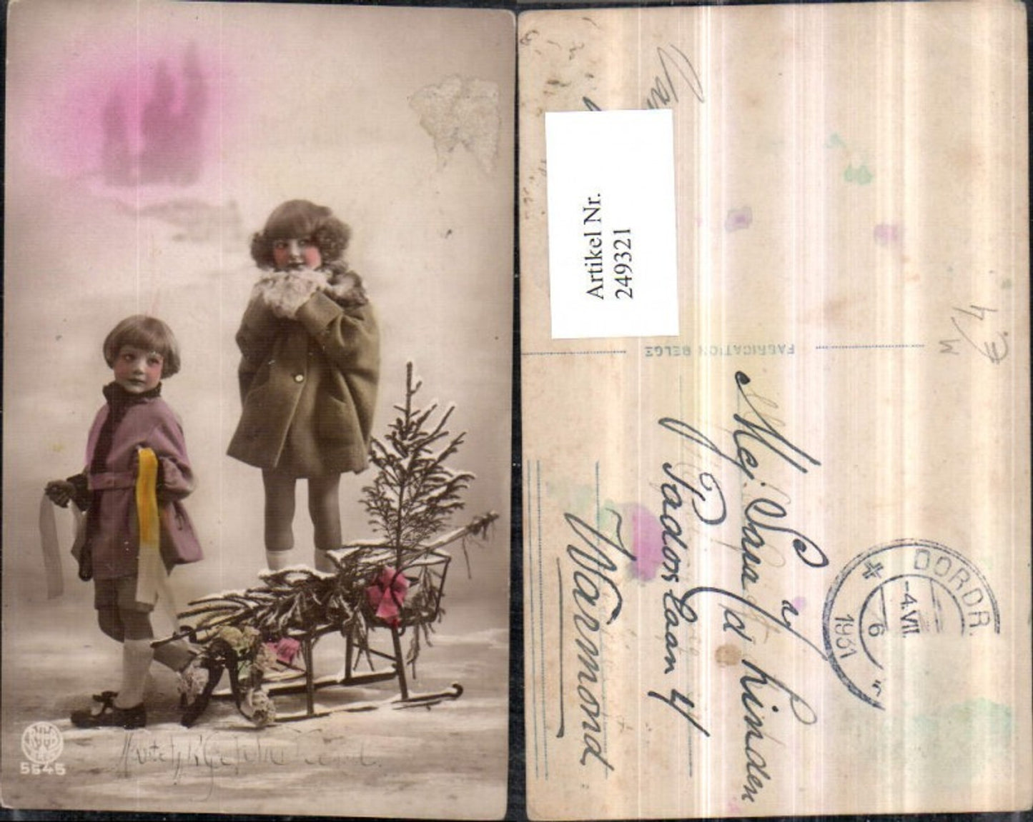 249321, Christmas children girl with sled toboggan Christmas tree