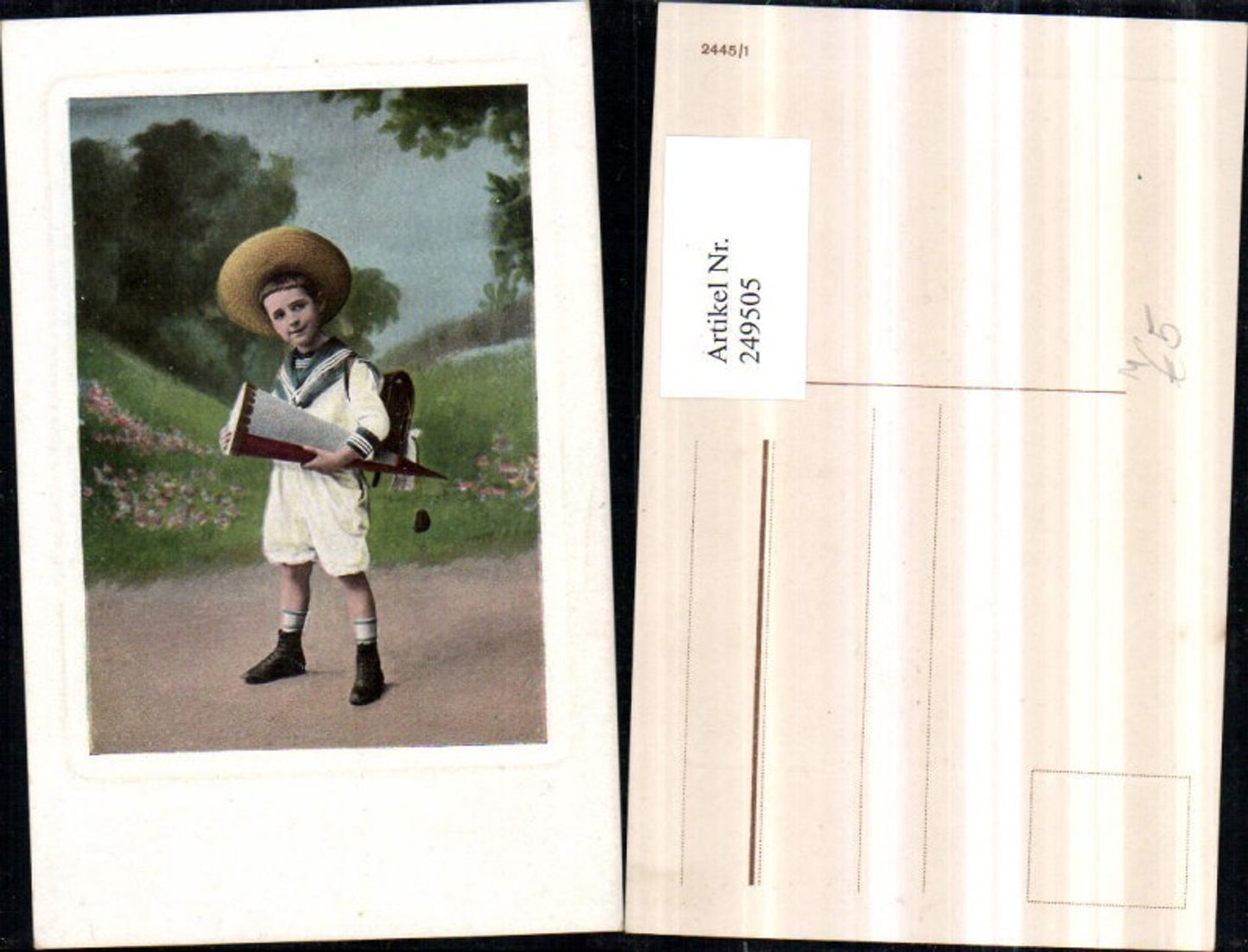 249505,Präge AK Schulanfang Junge m. Hut Schultasche u. Schultüte