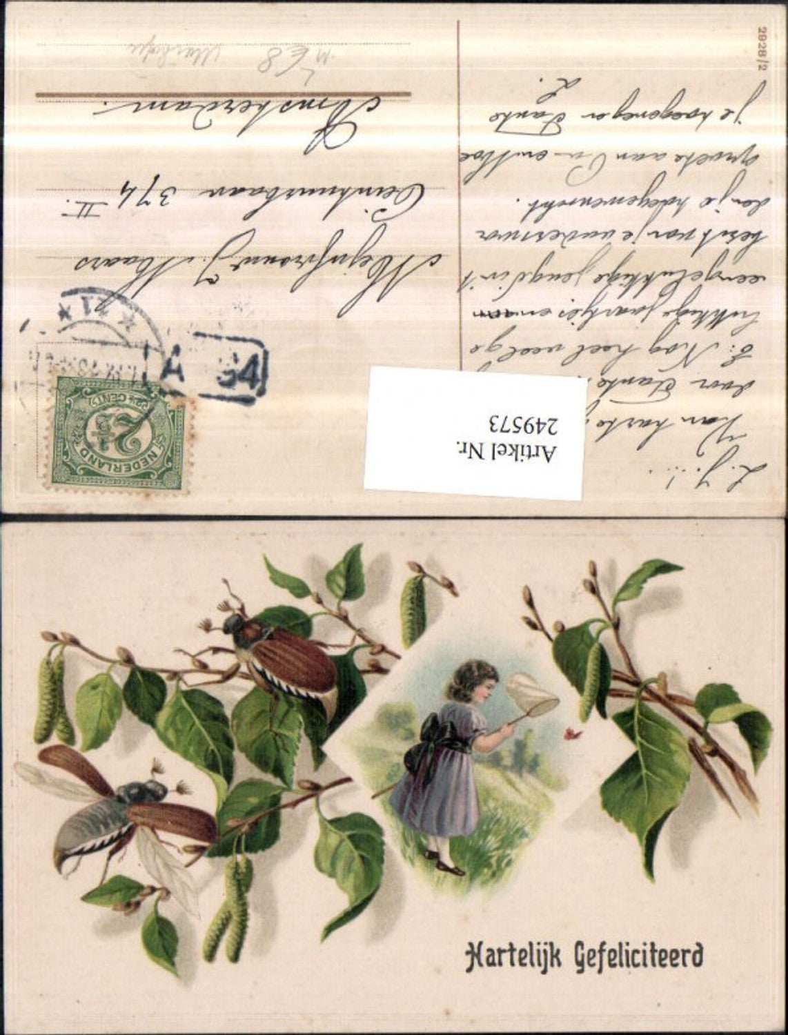 249573,Litho AK Pfingsten Birkenzweige m. Birkenfrucht Maikäfer Käfer Mädchen m. Netz Schmetterling
