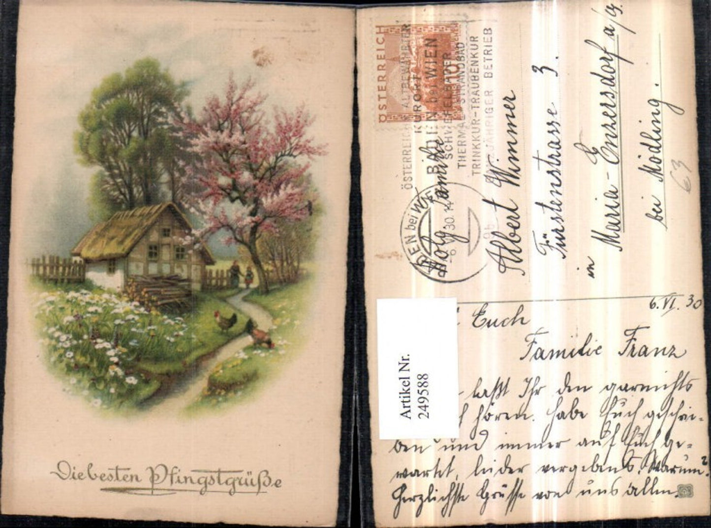 249588,Pfingsten Landschaft Hausansicht Holzscheiter Hahn Huhn