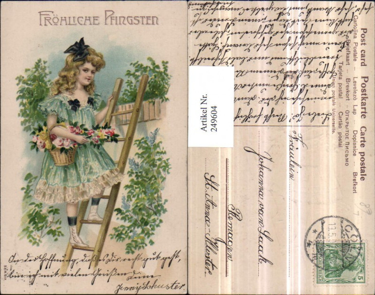 249604, Embosser Lithograph AK Pentecost Girl with Ribbon Flowers Roses Ladder