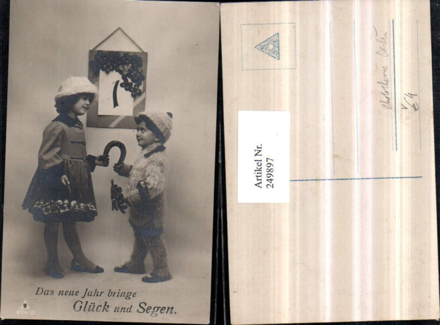 249897, New Year Children with bonnets, horseshoes, clovers, calendar, pub, Photochemie Berlin 974/3