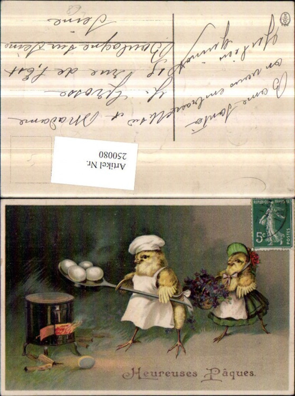 250080,Präge Litho AK Ostern Küken vermenschlicht Hut Haube Schürze Ofen Kochlöffel Eier