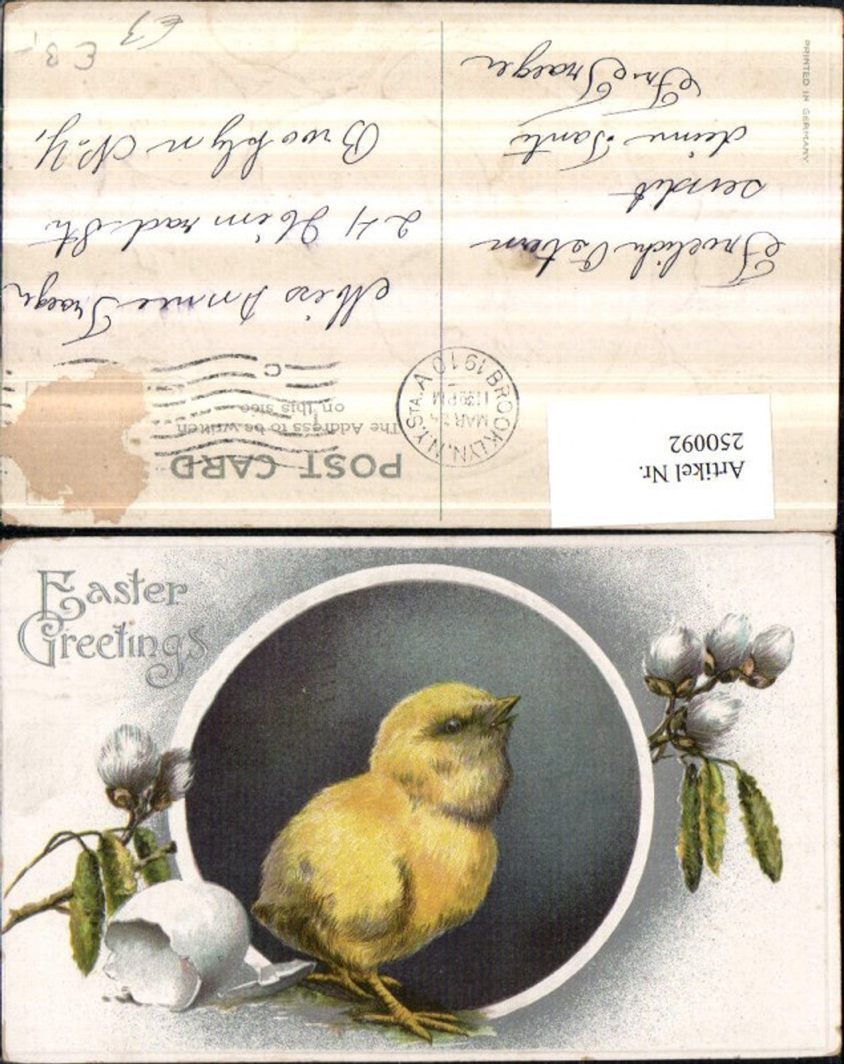 250092,Präge AK Ostern Küken zerbrochenes Ei Palmkätzchen Palmzweig Birkenfrüchte
