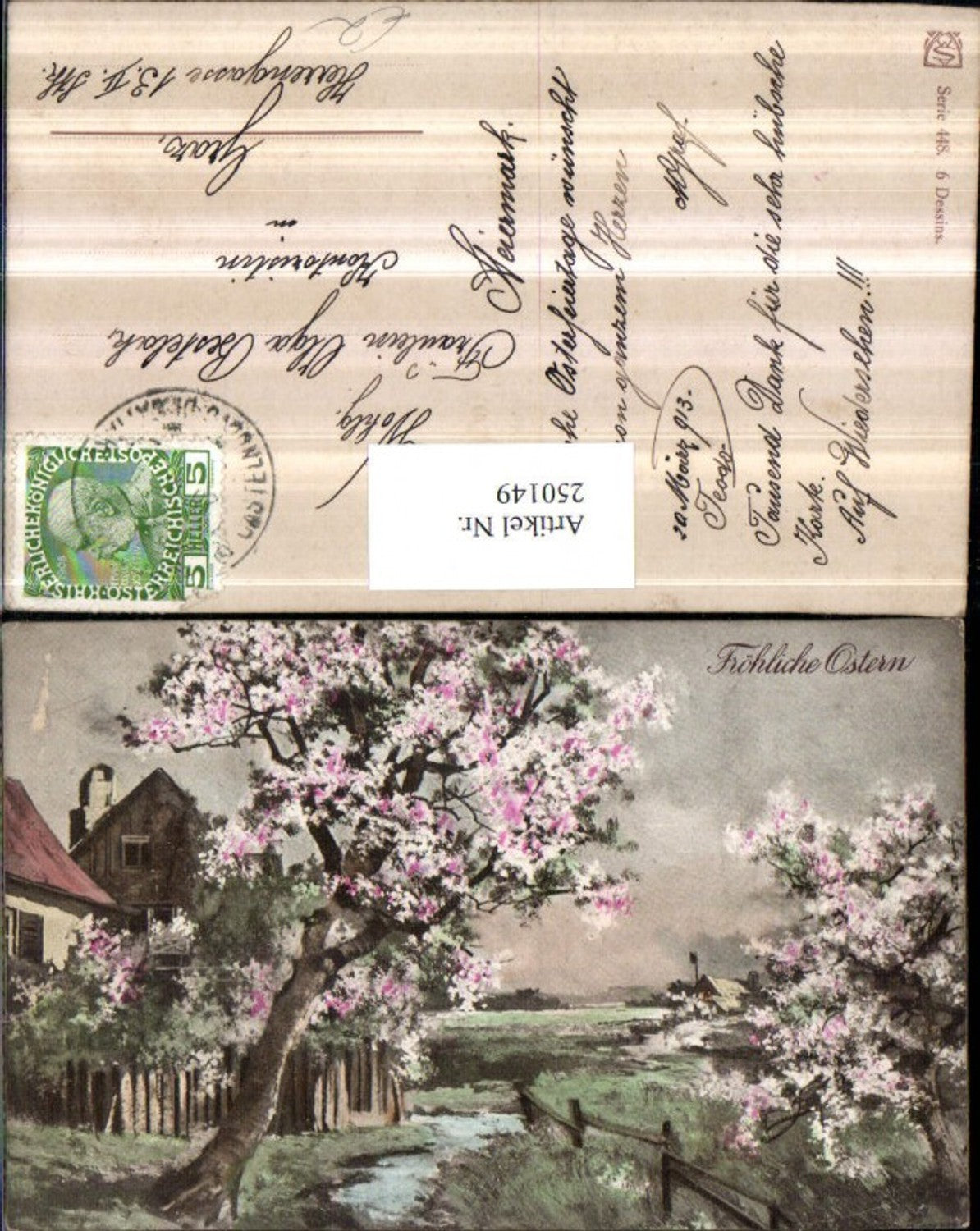 250149, Easter landscape houses garden fence stream flowering trees
