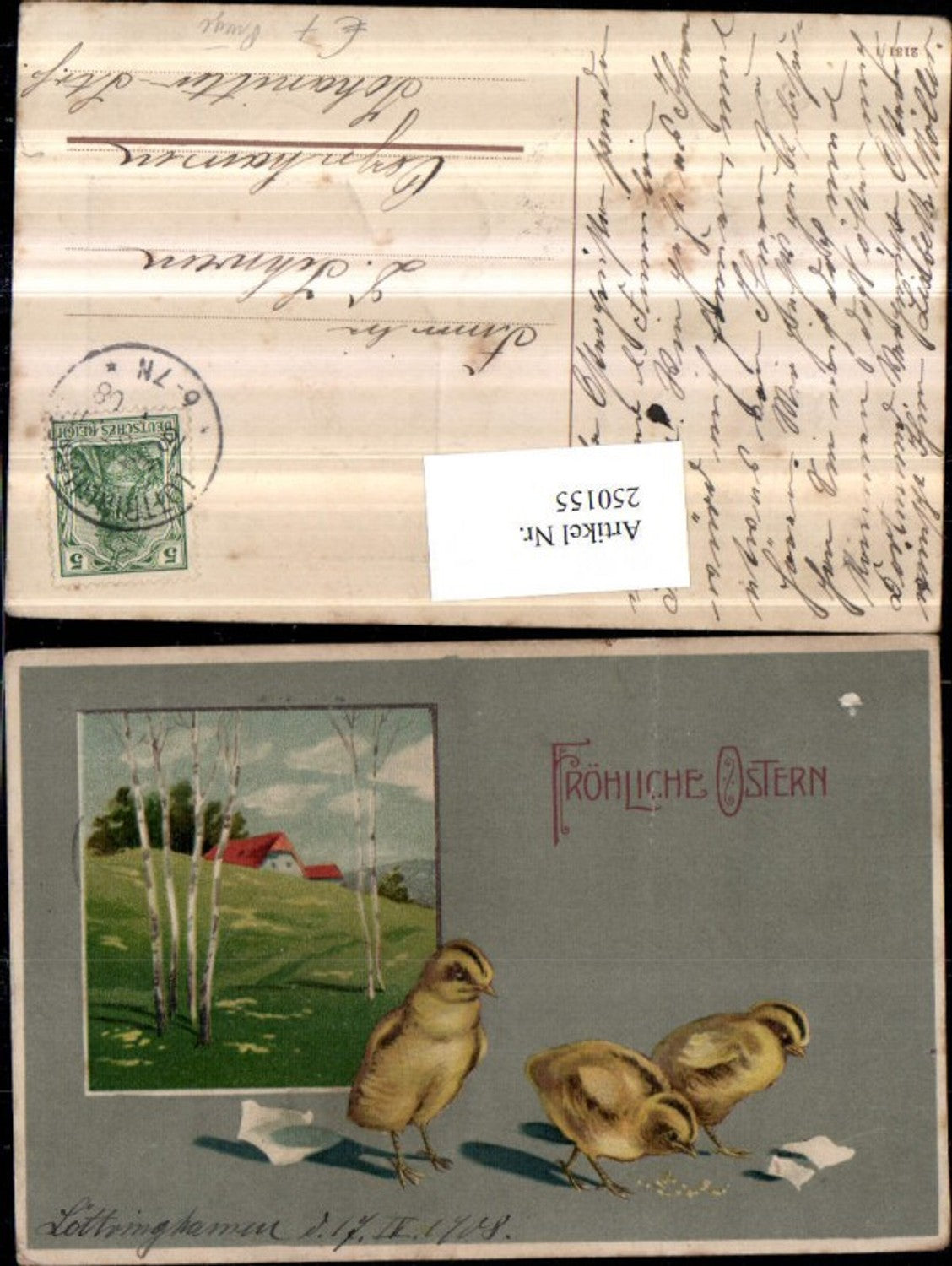 250155, Embossed postcard Easter landscape passe-partout chicks