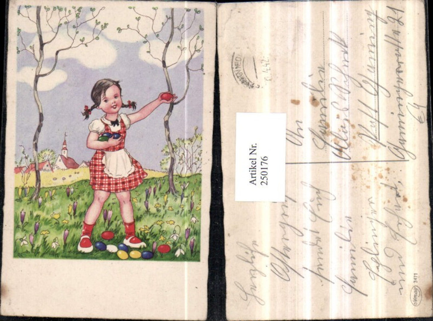 250176,Künstler AK Ostern Mädchen m. Kleid Schürze Wiese Ostereier Eier Blumen Krokusse