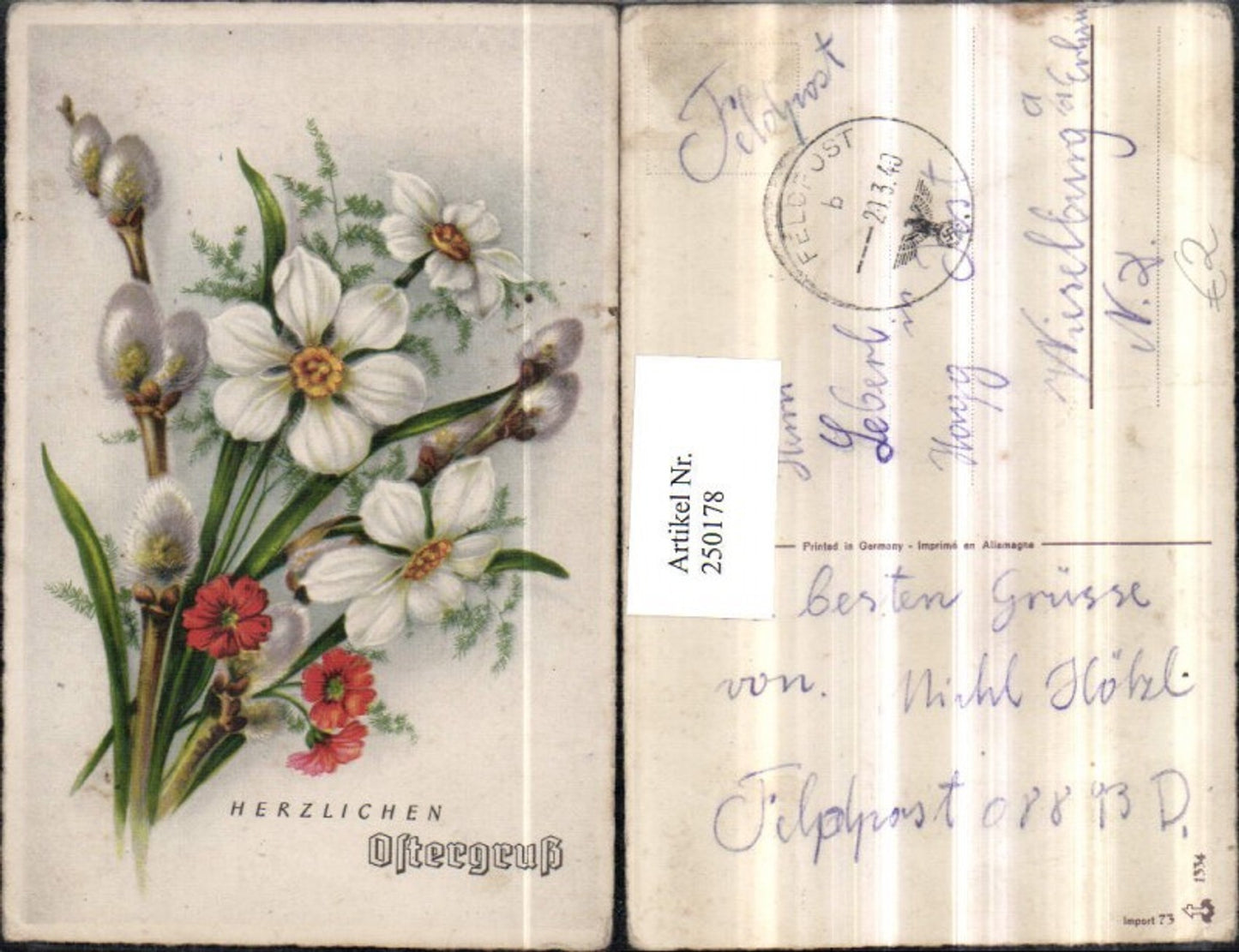 250178,Ostern Blumenstrauß Blumen weiße Narzissen Palmzweige Palmkätzchen