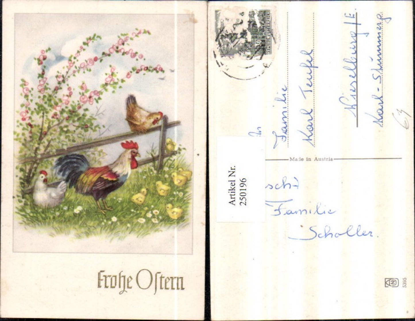 250196, Artist AK Easter Meadow Wooden Fence Chicks Rooster Chickens Flower Branches
