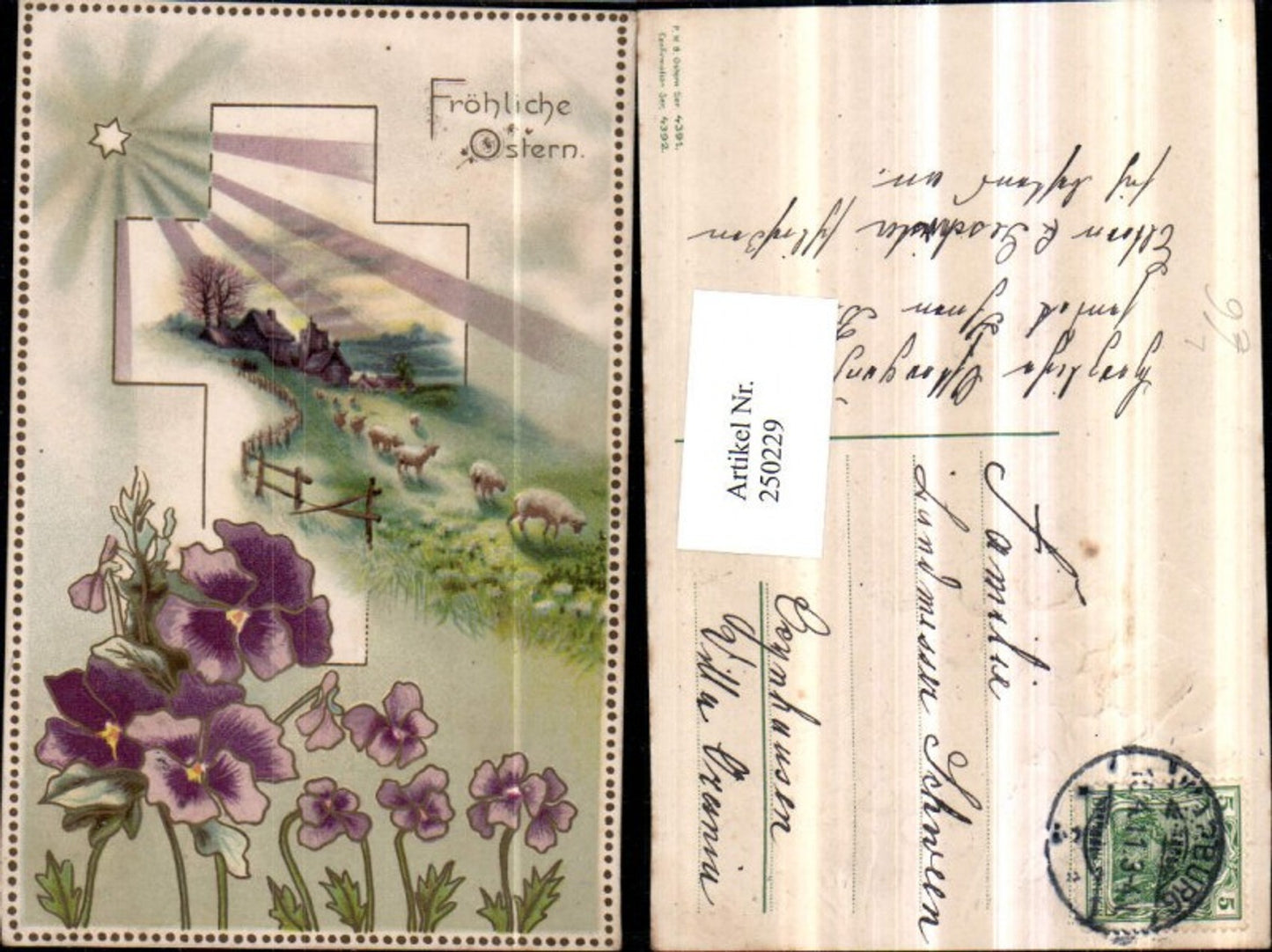 250229, Embosser Lithograph Postcard Easter Landscape Meadow Sheep Wooden Fence Flowers Violets