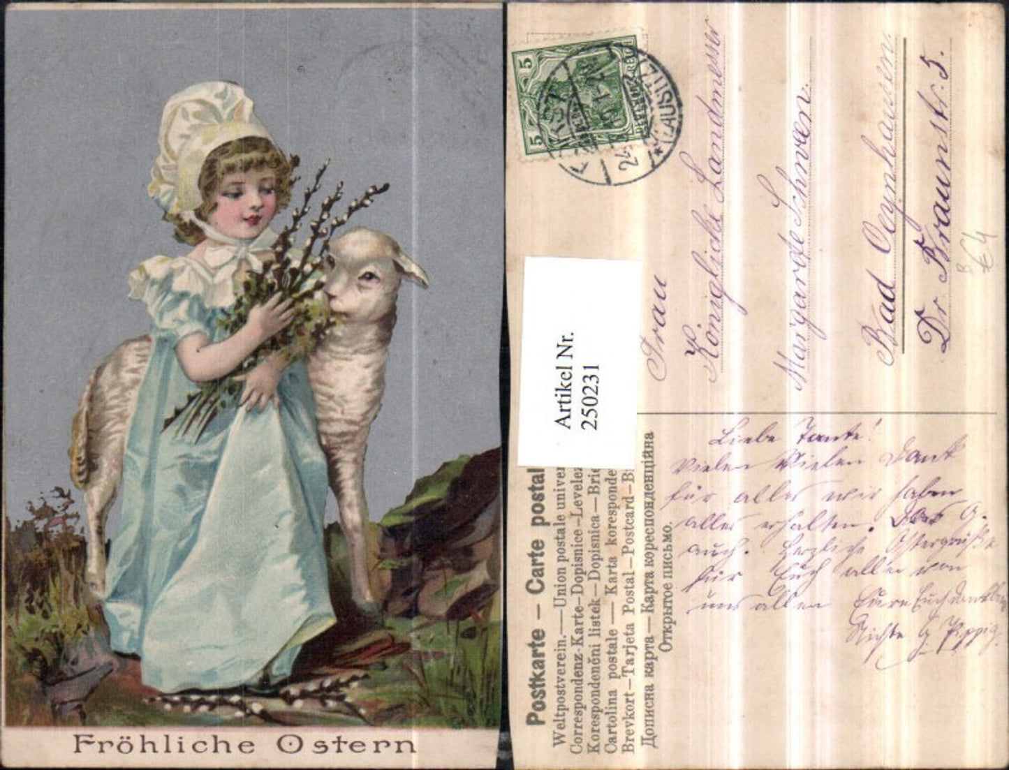 250231, Easter girl with bonnet, dress, sheep, lamb, palm branches, pussy willows