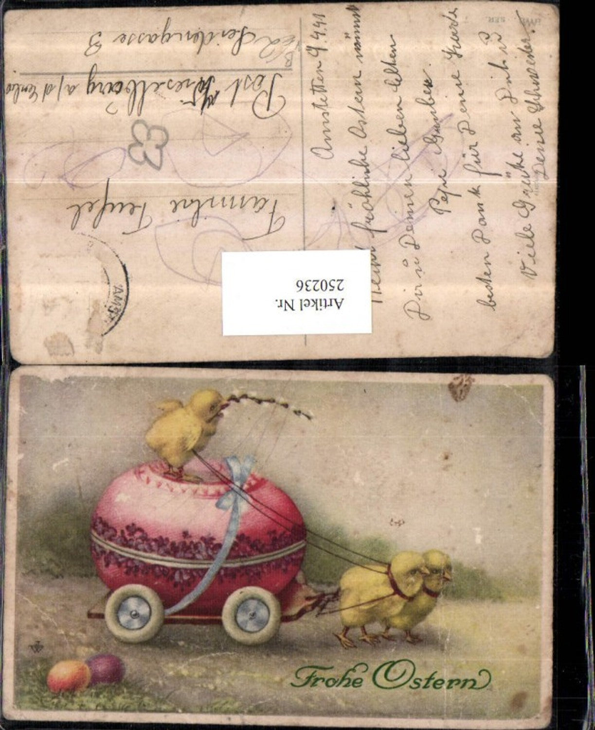 250236, Artist AK Easter Egg Wagon Cart Chick Bow Pussy Willow Pub HWB
