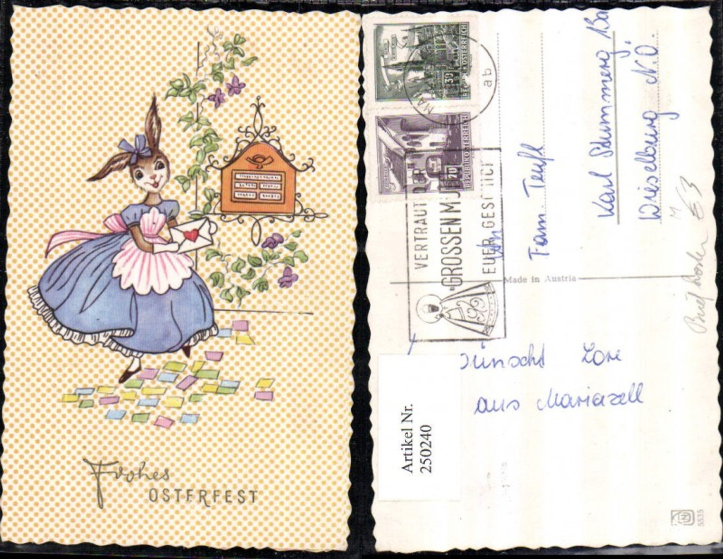 250240,Künstler AK Ostern Hase vermenschlicht m. Kleid Brief Briefkasten