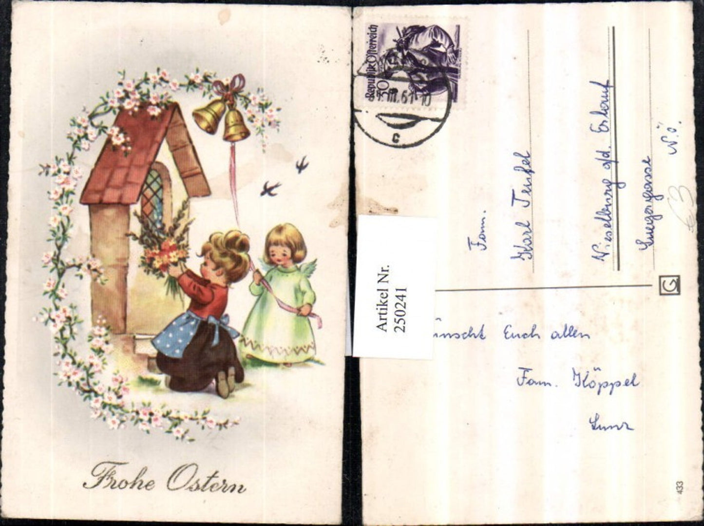250241,Ostern Mädchen m. Blumenstrauß Kapelle Engel Glocken
