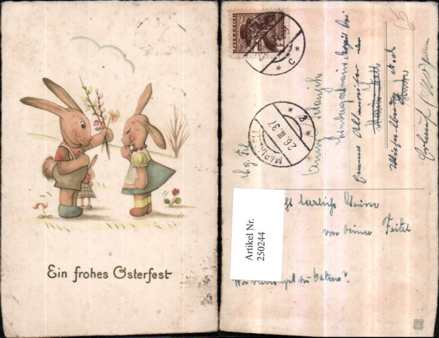 250244,Künstler AK Ostern Hasen vermenschlicht Blumenstrauß Blumen Kette