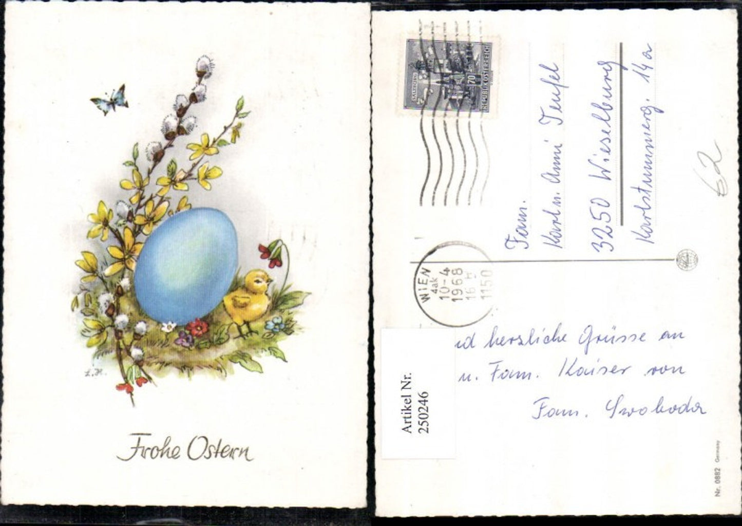 250246,Künstler AK Ostern blaues Ei Küken Blumen Palmkätzchen Schmetterling