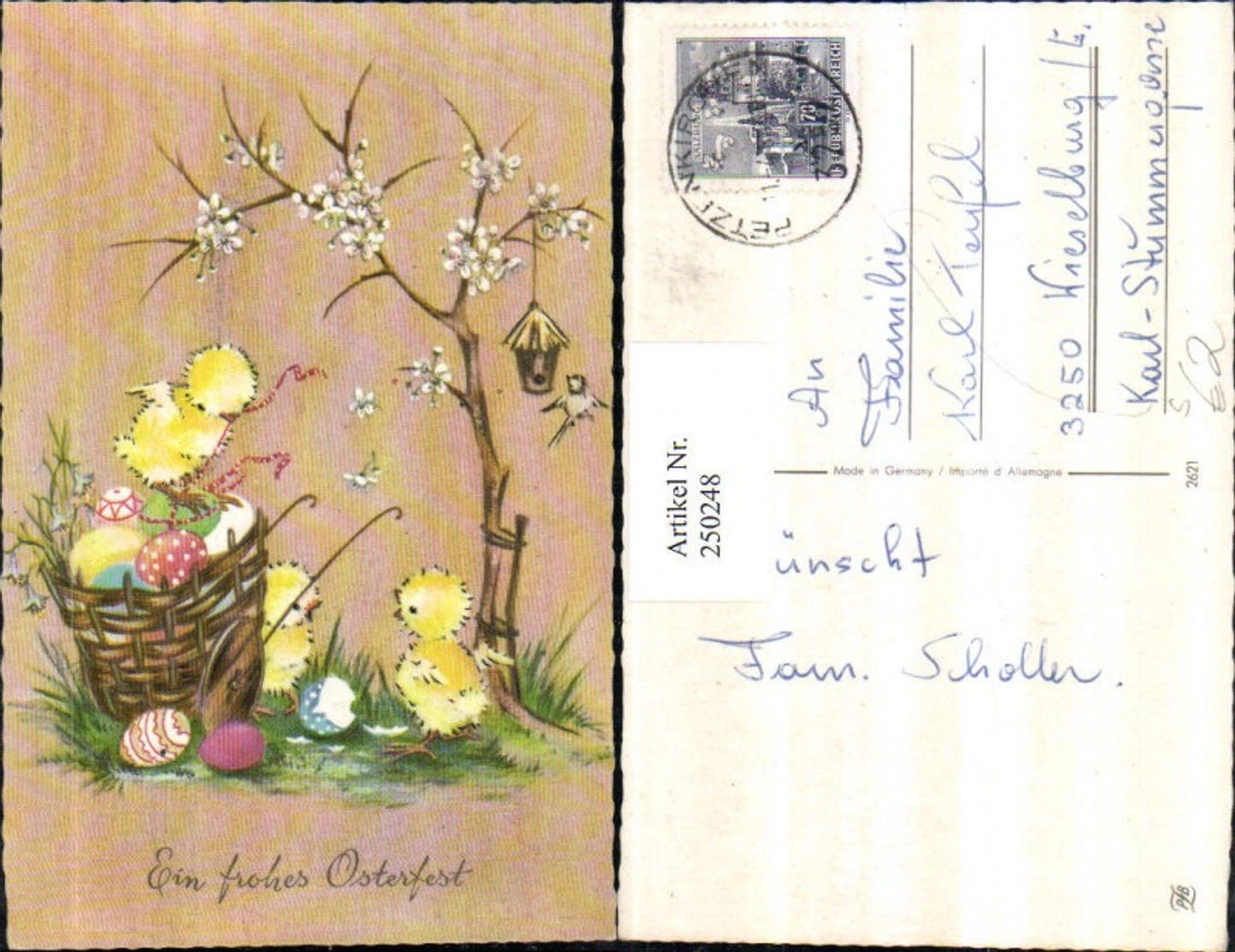 250248,Künstler AK Ostern Küken Flechtkorb Korb Wagen Ostereier Vogelhaus Stempel Petzenkirchen 3252