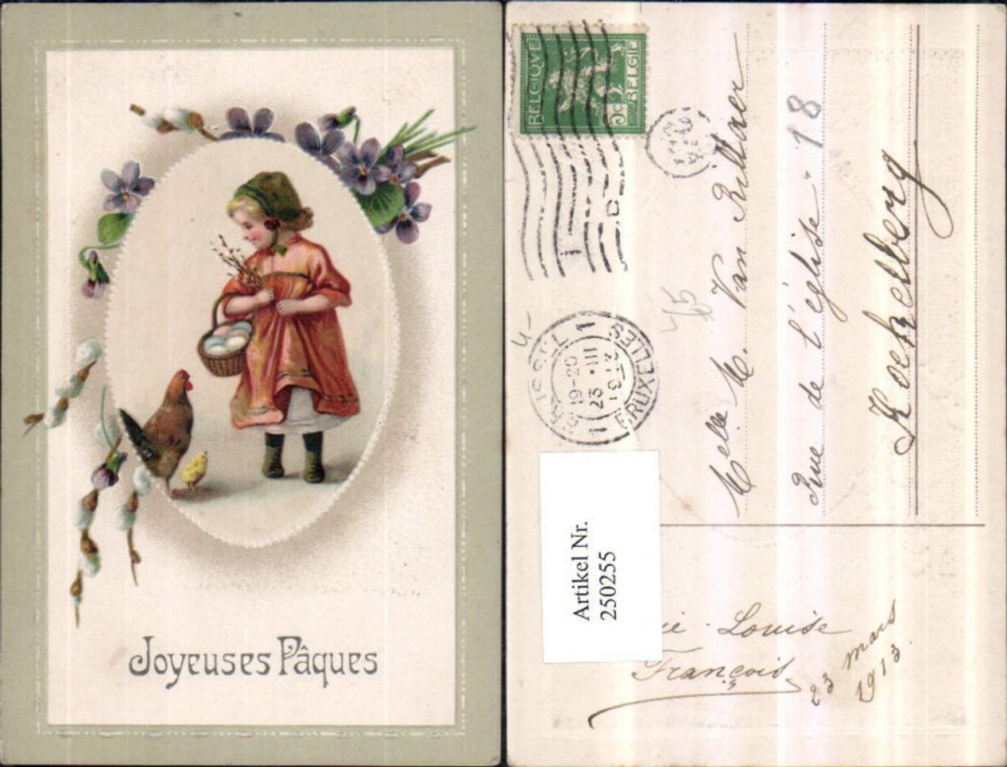 250255,Präge Litho AK Ostern Mädchen m. Häubchen Kleid Korb Eier Palmkätzchen Huhn Küken Veilchen