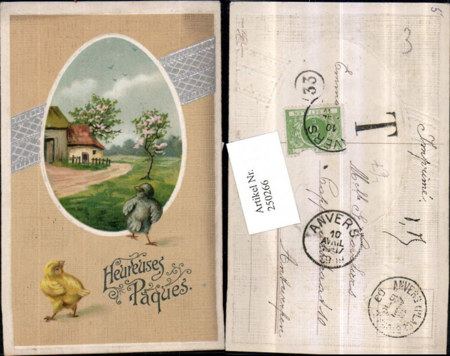 250266,Präge Litho AK Ostern Landschaft Passepartout Küken Ei