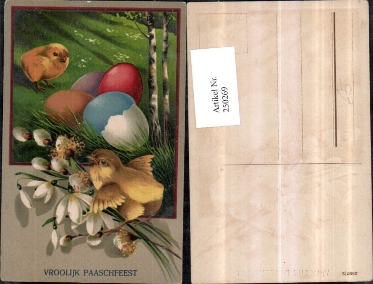 250269,Präge AK Ostern Ostereier Eier Küken Schneeglocken Palmkätzchen