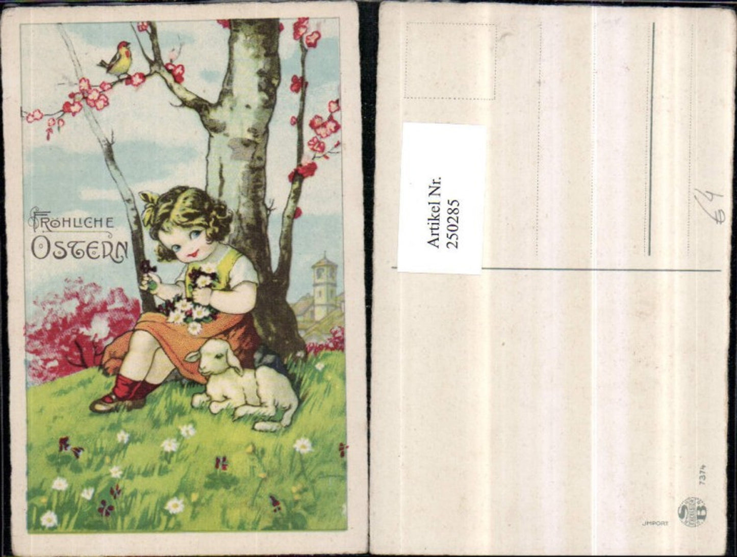 250285, Artist AK Easter Girl with dress Flowers Lamb Sheep Meadow Blooming tree Bird