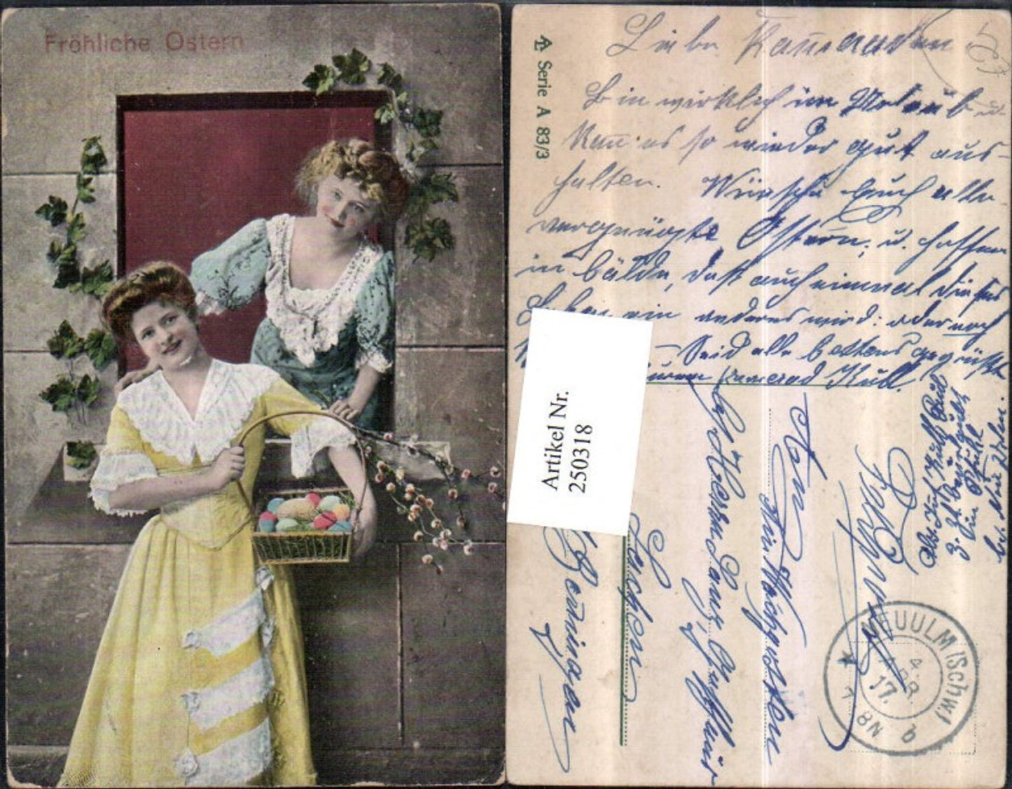 250318,Ostern Fenster Frauen m. Kleider Korb Ostereier Palmkätzchen Efeu