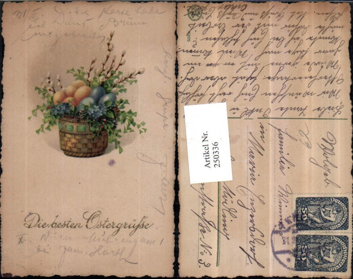 250336,Ostern Korb m. Ostereier Eier Palmkätzchen Palmzweige Blumen