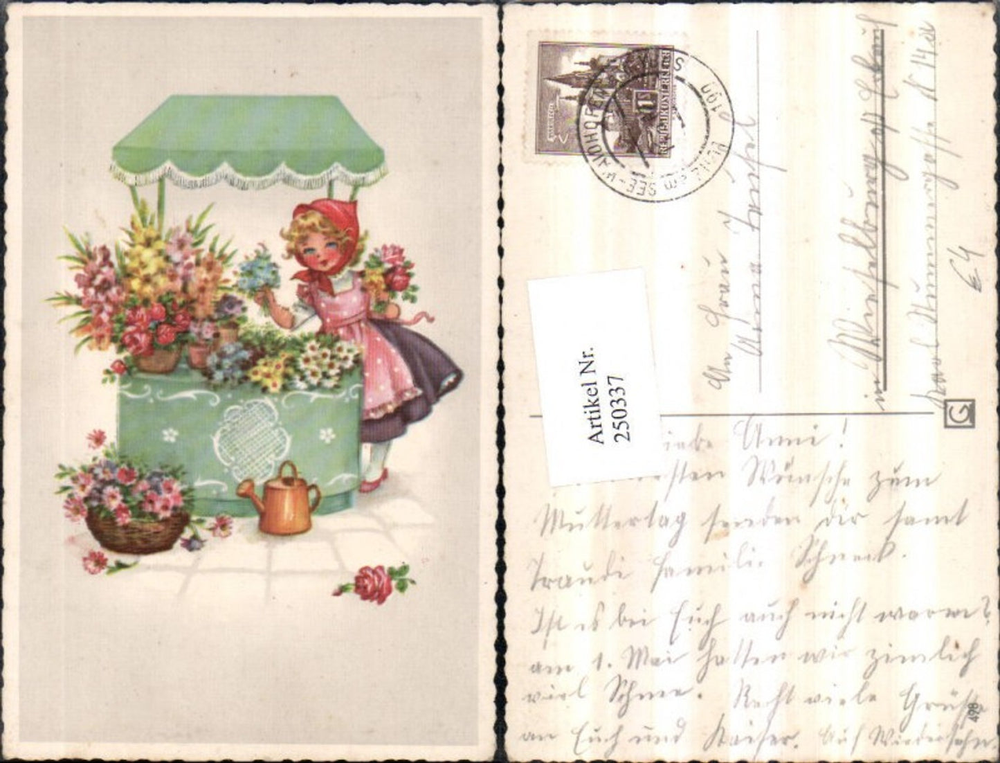 250337,Künstler AK Marktstand Mädchen m. Kopftuch Kleid Schürze Blumensträuße Blumen Gießkanne Rose