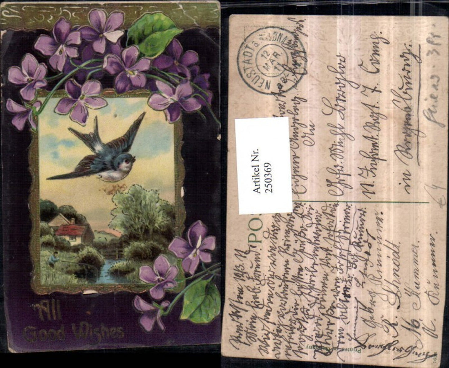 250369, embossed postcard with gold decoration, landscape, angler, swallow, passe-partout, violet