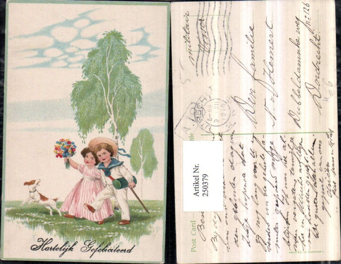 250379, Relief of boy with hat, walking stick, girl with dress, bouquet of flowers, terrier dog, wise man, birch trees