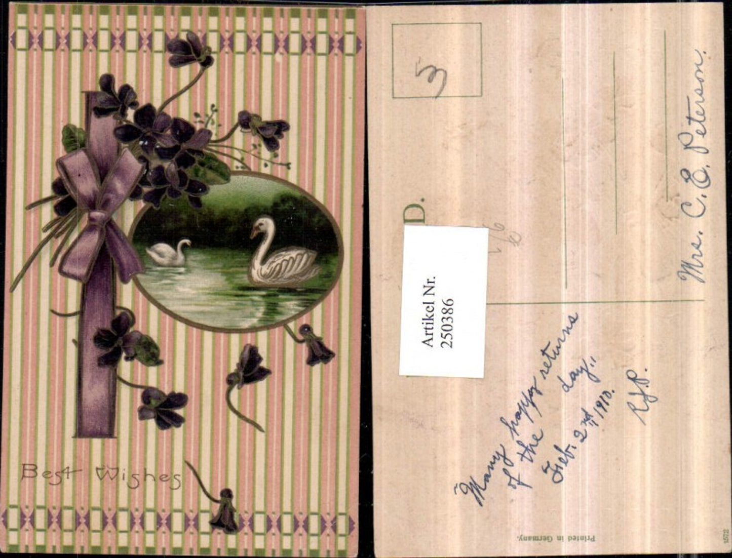 250386,Präge Litho AK Schwäne Passepartout Blumen Veilchen Schleife