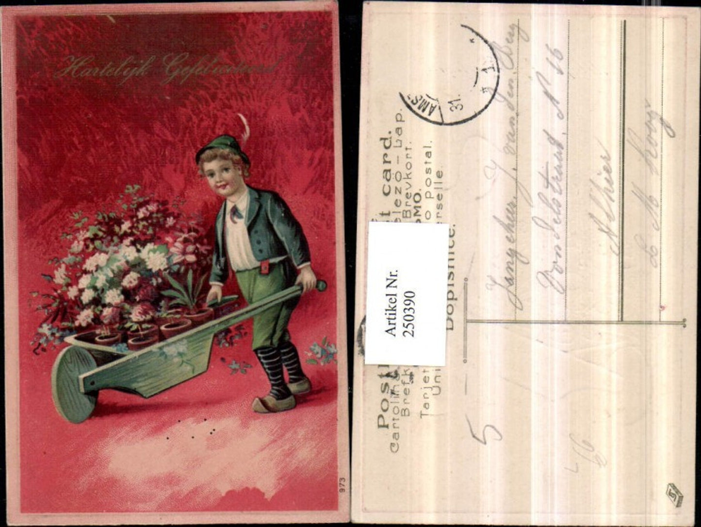 250390,Präge Litho AK Junge m. Federhut Schubkarre Blumenstöcke Blumen