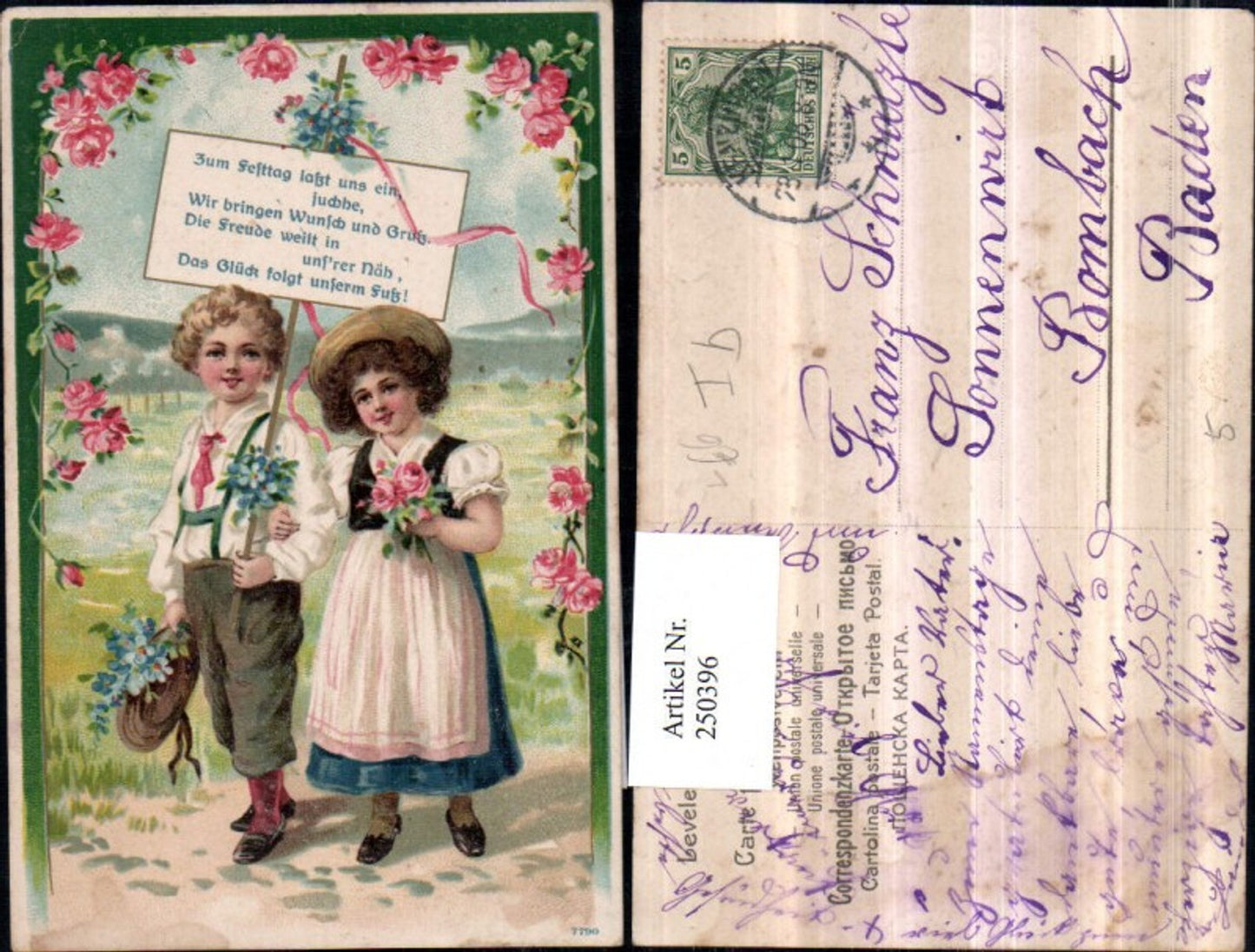 250396,Präge Litho AK Mädchen m. Hut Kleid Junge m. Hut u. Hosenträger Blumenstrauß Blumen Rosen Spruch