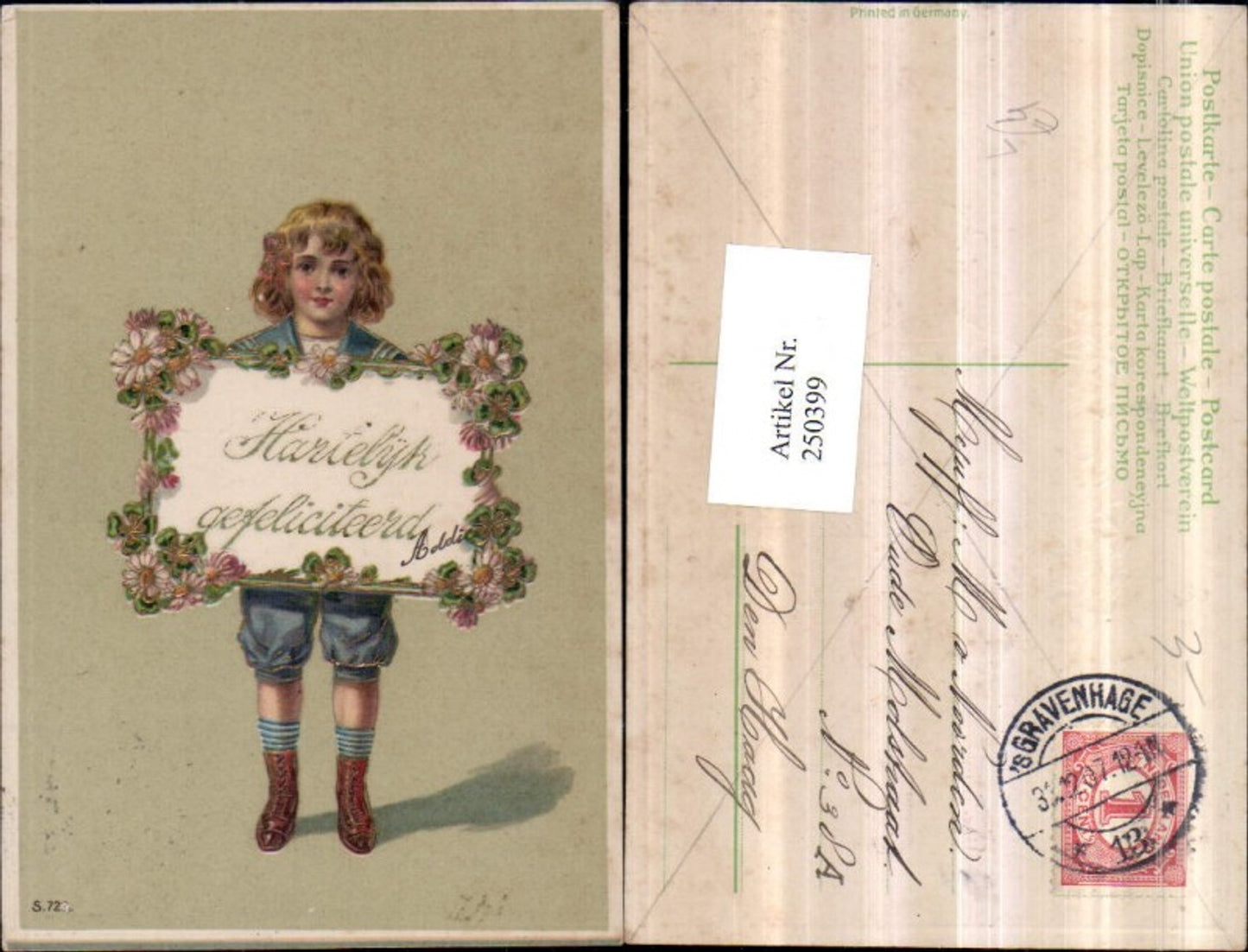 250399,Präge Litho AK Junge m. Tafel Schild Blumen Kleeblätter Rahmen