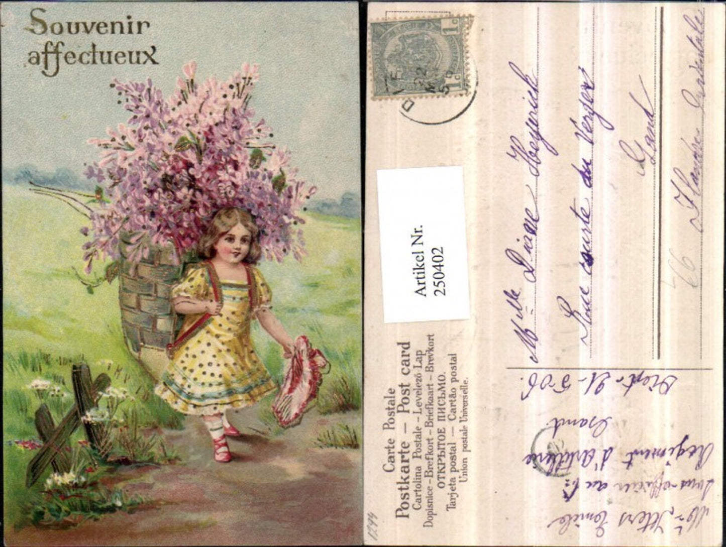 250402,Präge Litho AK Goldverzierung Mädchen m. Kleid Korb Blumen Hut