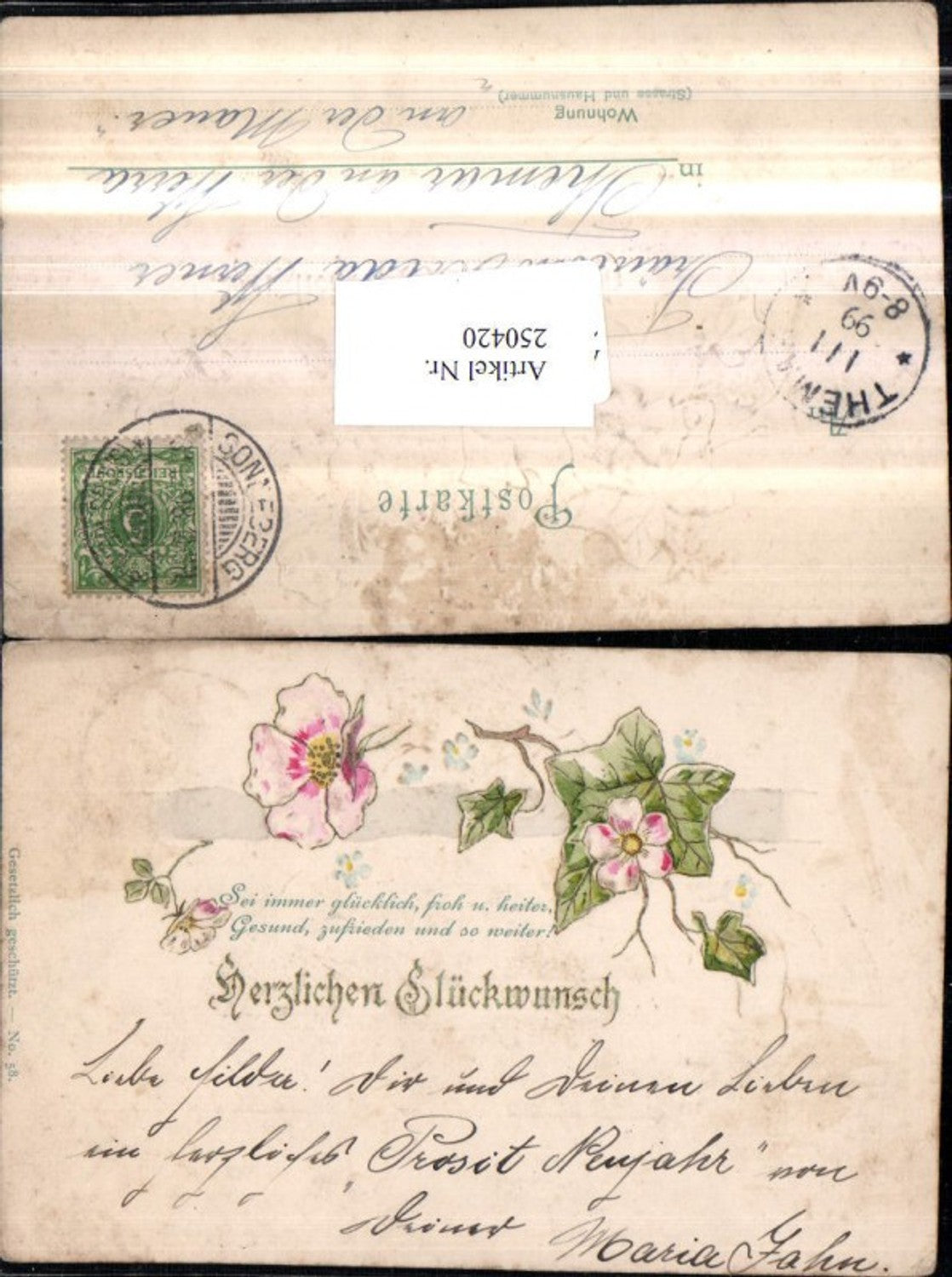 250420, embossed postcard, congratulations, flowering branch, blossoms, flowers
